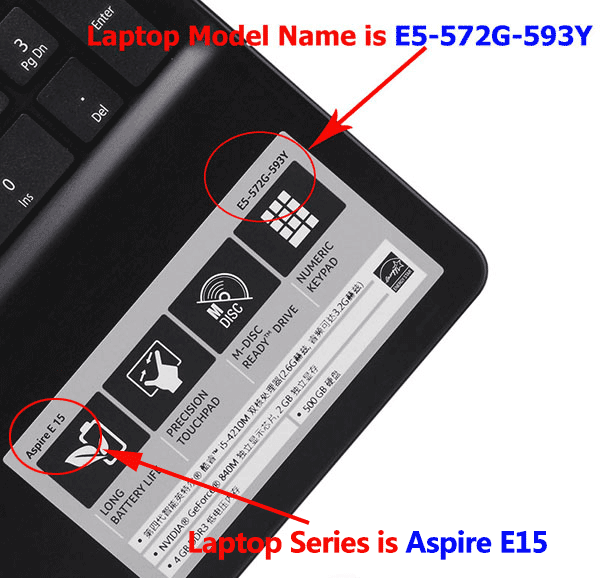 find model of acer laptop near keyboard